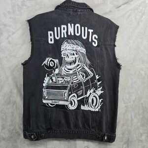 Lurking Class Mens‎ Small Denim Vest Black Skull Van Burnouts Graphic Patches